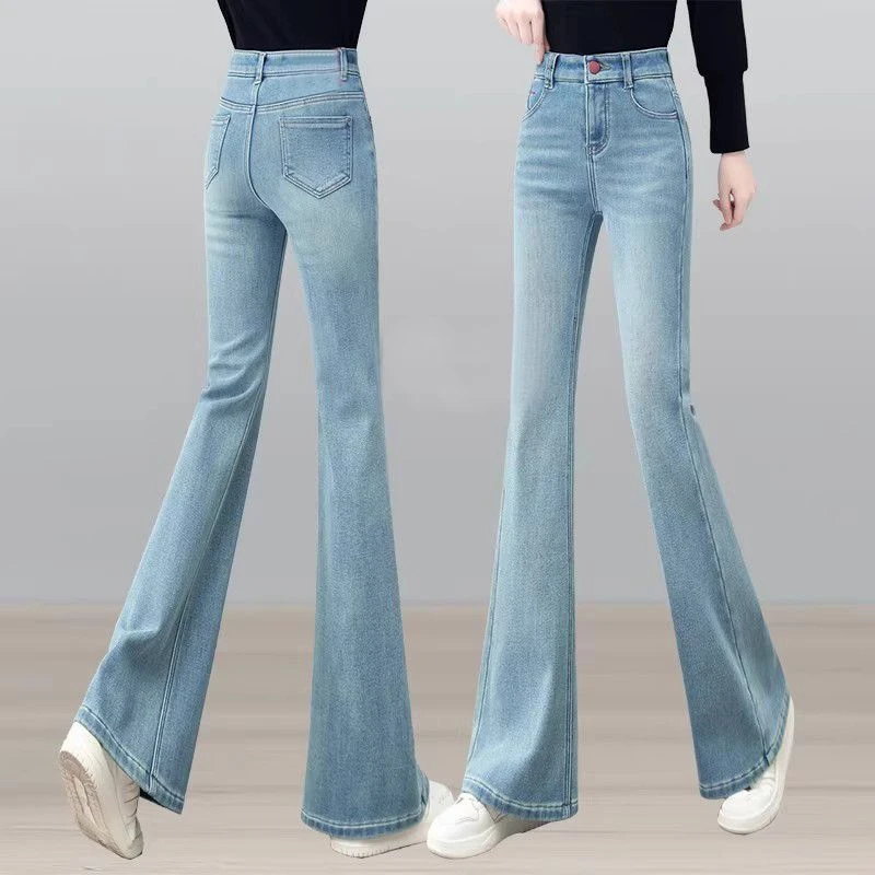 浅蓝色牛仔微喇裤女2025秋冬加绒高腰显瘦修身马蹄裤直筒喇叭裤子