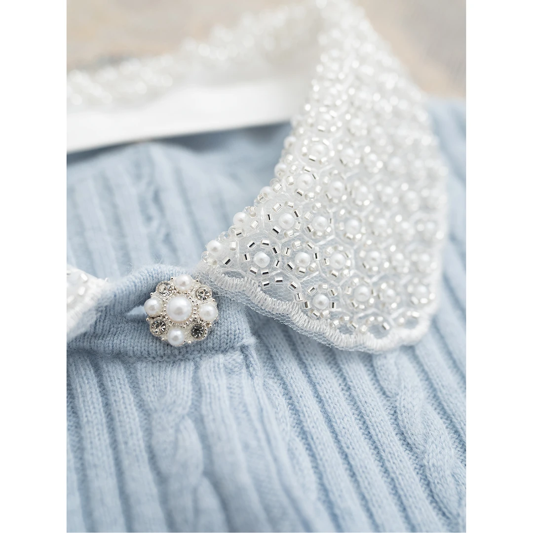 可拆卸钉珠娃娃领1OO绵羊毛针织开衫MR513