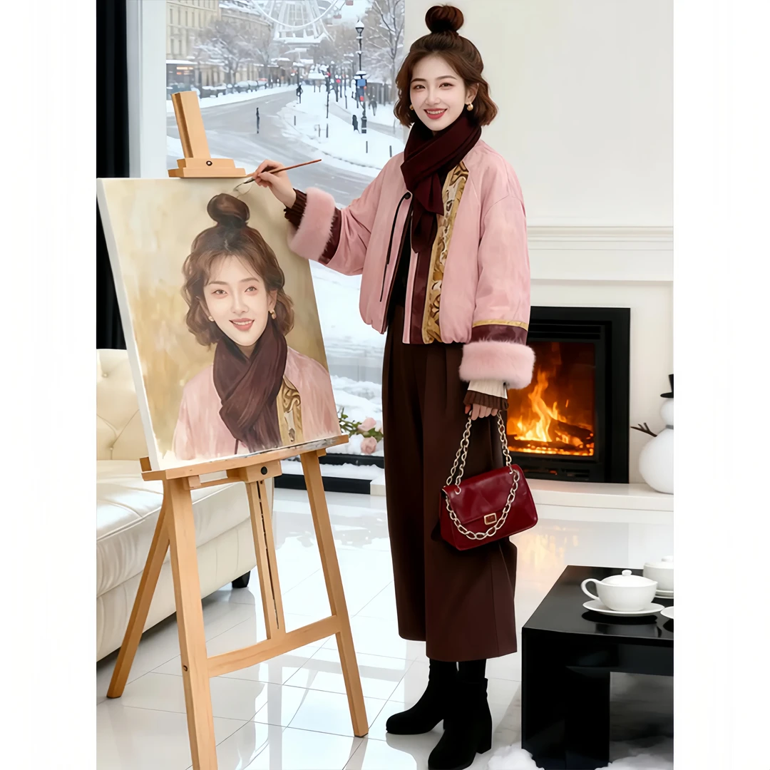 新中式国风棉服外套阔腿裤时尚两件套女士2025秋冬季新款气质套装