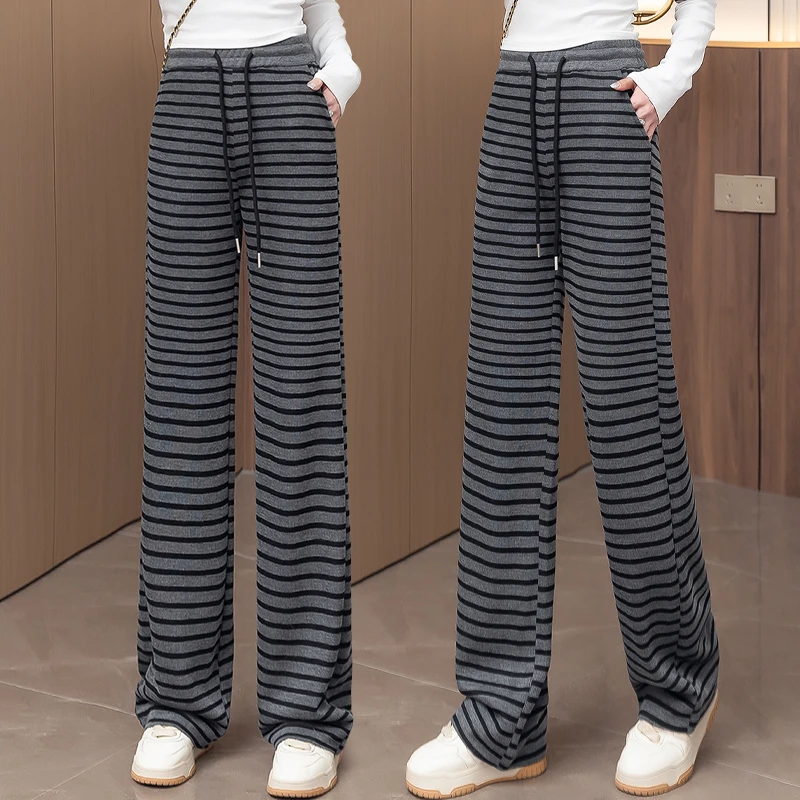 慵懒风松弛感条纹阔腿裤宅家出街神器修饰腿型休闲窄版直筒裤休闲