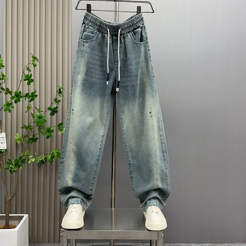 美式重磅拼接弯刀牛仔裤男秋冬渐变宽松阔腿老爹裤做旧直筒拖地裤