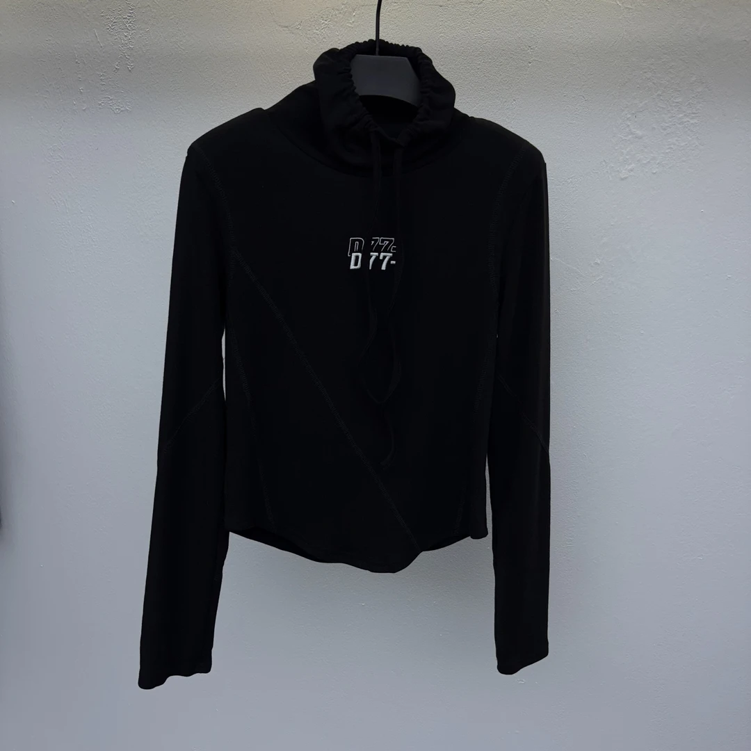 小众抽绳堆堆领保暖加绒刺绣下摆不规则拼接垫肩T恤1139