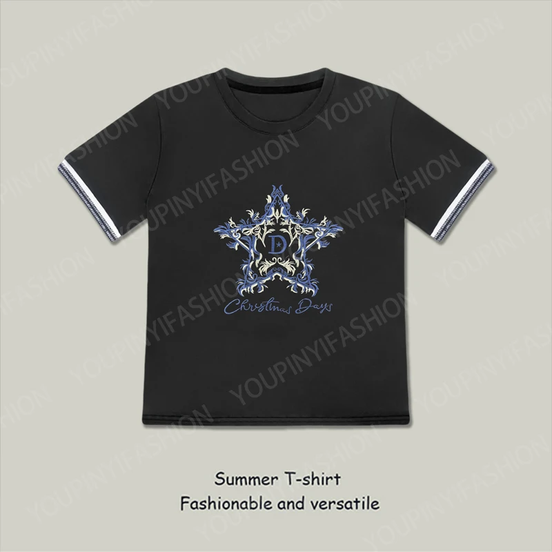 短袖T恤女2025夏季新款五角星字母刺绣拼接设计感显瘦圆领女装T恤