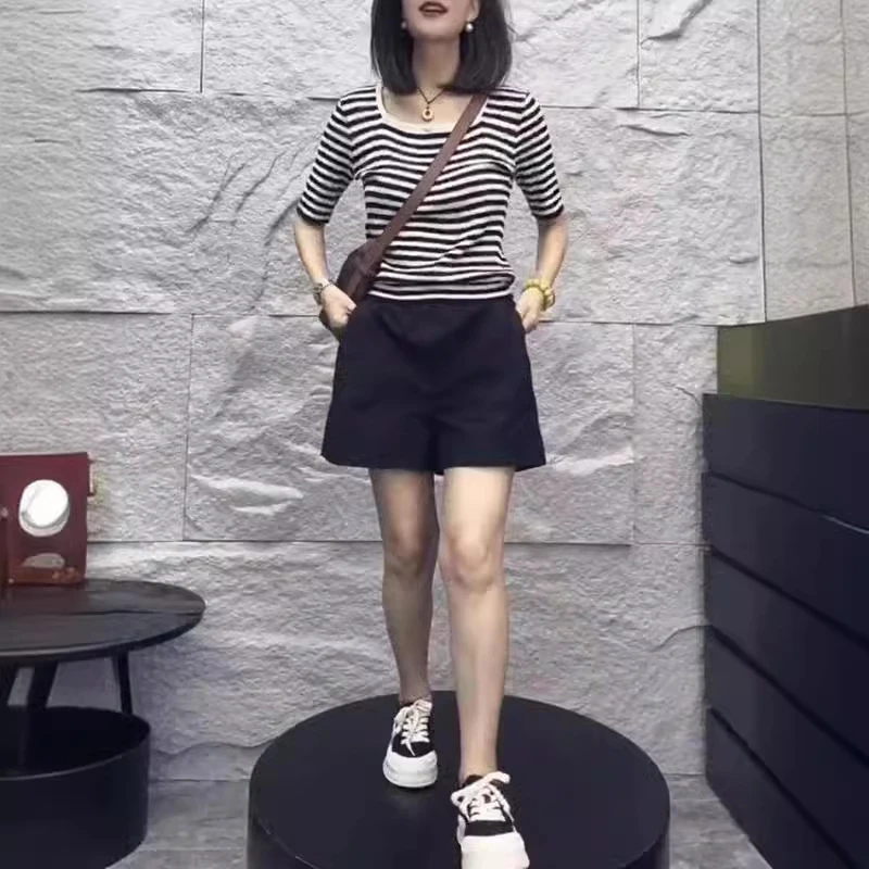 2024夏季新款时尚条纹短袖T恤休闲高腰阔腿短裤女Y0899