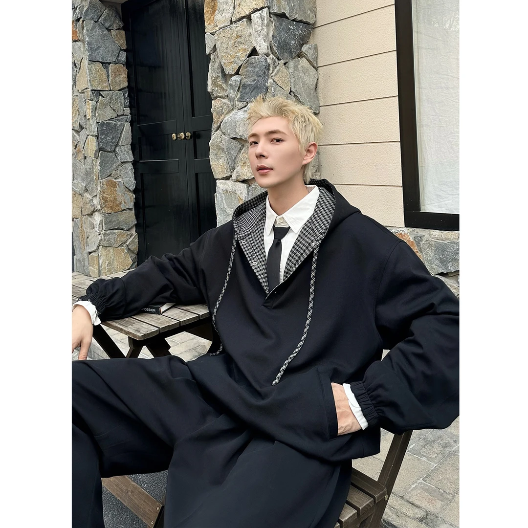 双面穿拼接格子卫衣男宽松潮流百搭休闲慵懒风连帽外套小众