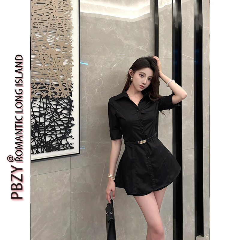 夏季气质修身中袖衬衫连衣裙A字裙短款显瘦两件套   6687