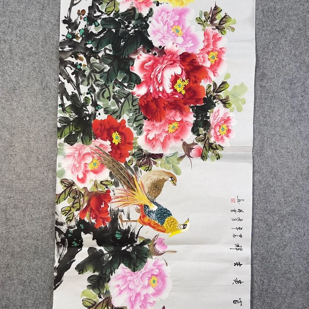 国画574 花鸟在树丛的顶端鸣叫叫声