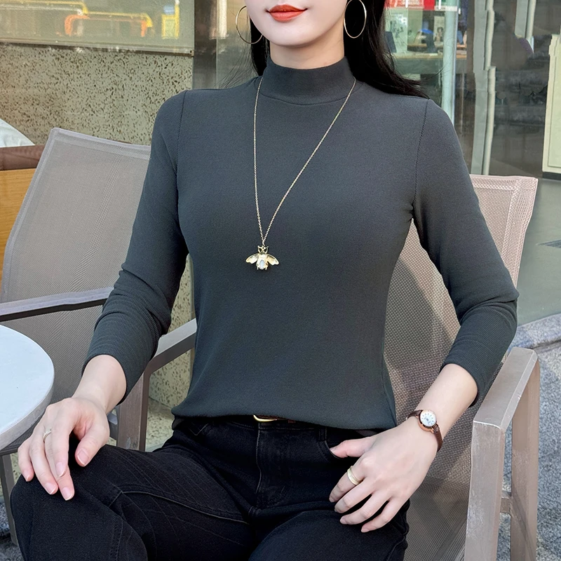 休闲风半高领纯色极简风加厚秋季洋气辣妹修身长袖t恤冬季打底衫