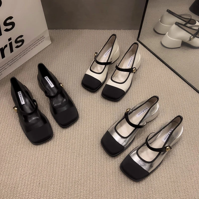 一字带玛丽珍鞋气质小香风拼色方头粗跟单鞋2025年春秋法式高跟鞋