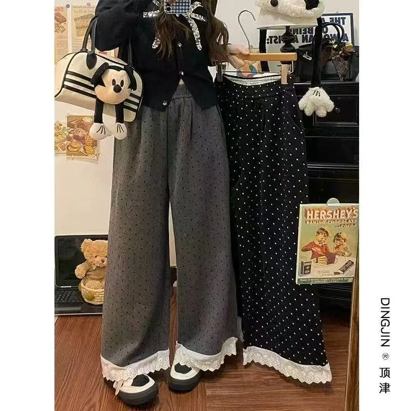 波点高腰直筒裤拼接休闲裤女装百搭长裤顶津阔腿裤