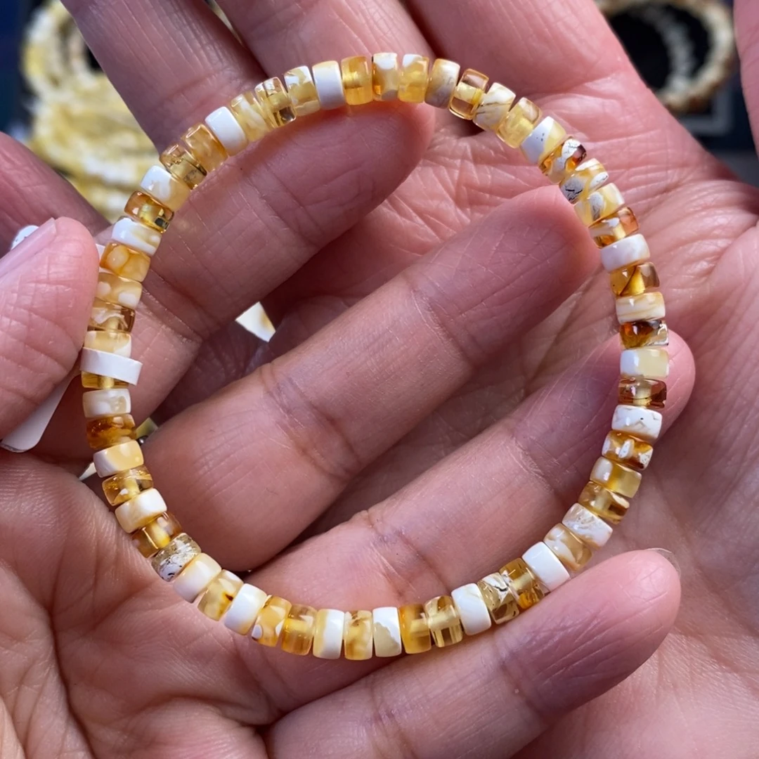 蜜蜡未镶嵌裸石金瓷白拉丝纹药片手串5
