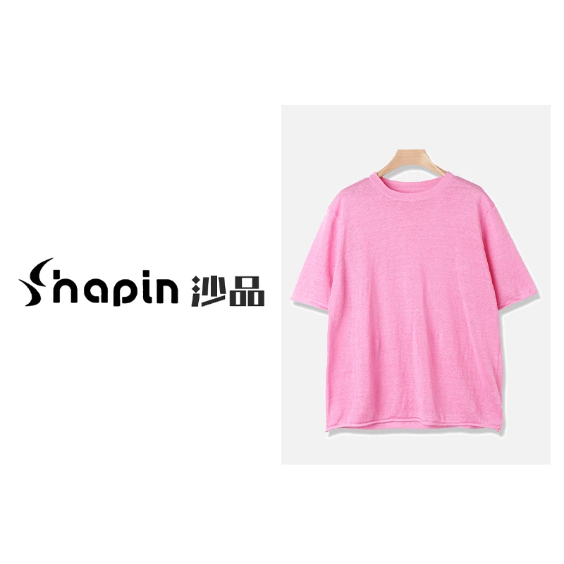 慵懒亚麻卷边纯色T恤中性老钱风穿搭中袖女XS10912