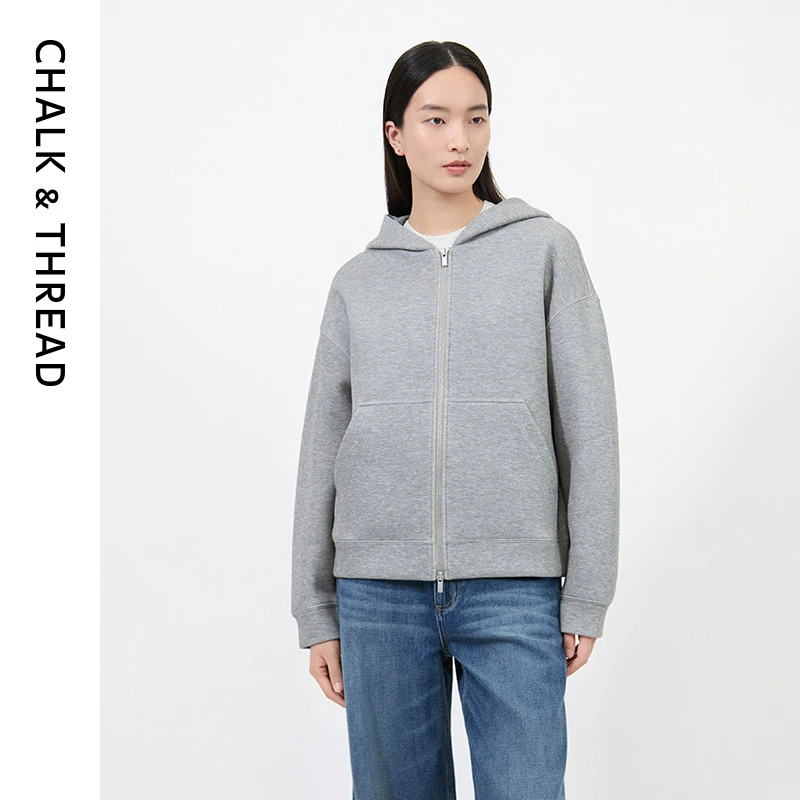 CHALK&THREAD宽松廓形棉涤双面针织落肩长袖袋鼠兜连帽卫衣外套