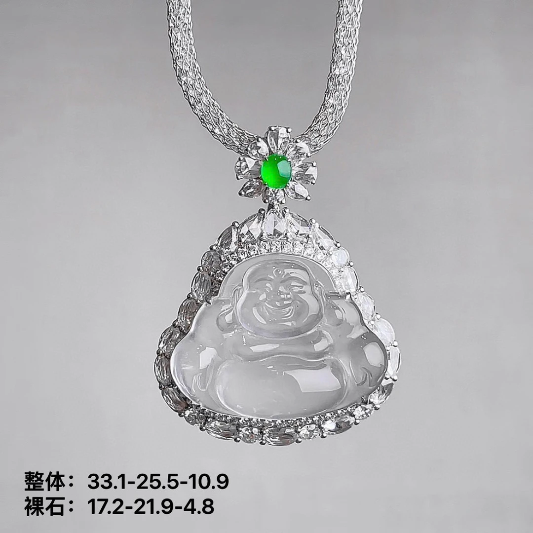 天然缅甸翡翠a货高冰佛公18k金钻镶嵌