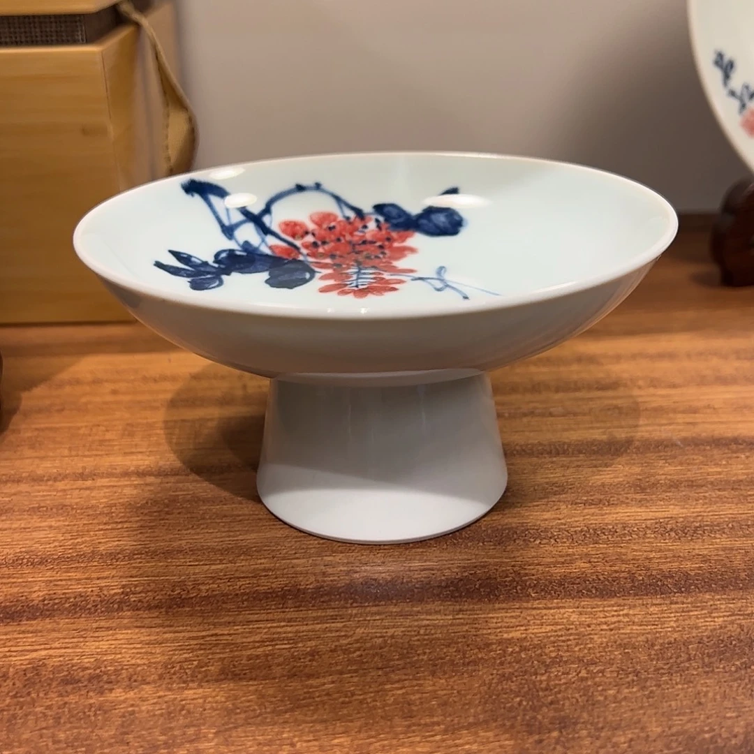 城***城青花釉里红微瑕放漏小果盘