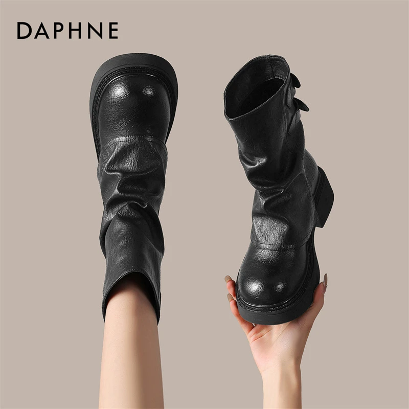 达芙妮新款黑色堆堆靴女2025夏季厚底骑士靴百搭时尚英伦风马丁靴