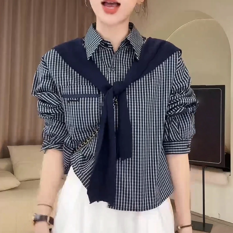 韩版条纹披肩格子长袖衬衫女2025春秋新款衬衣百搭时尚轻熟风上衣