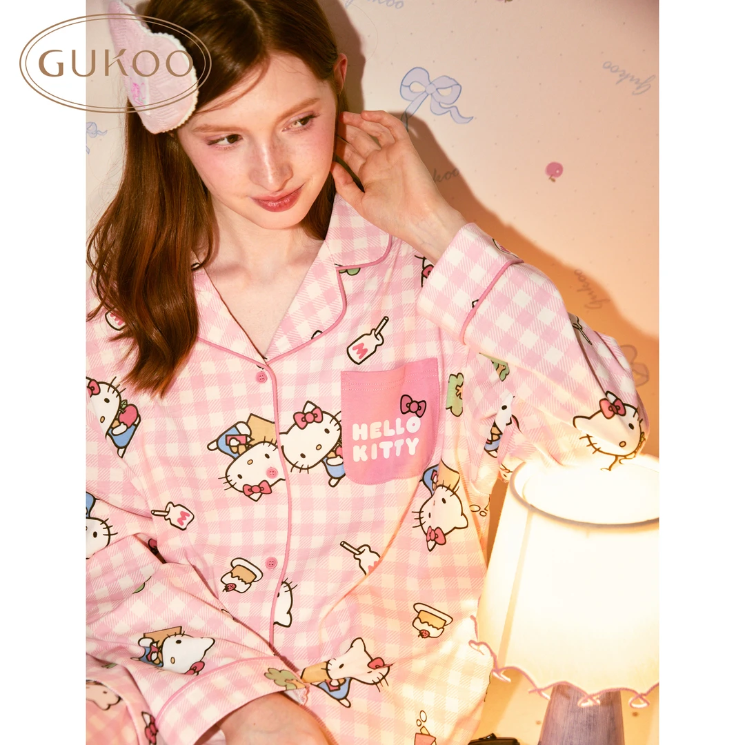 【陈西贝专属】Gukoo果壳kitty联名格纹宽松休闲长袖家居服套装
