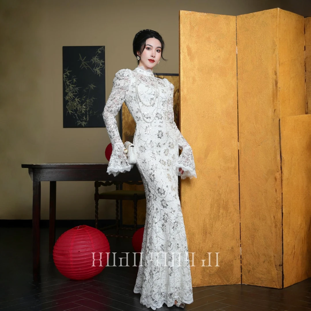 珠箔瑶华｜重工亮片绣车骨蕾丝浪漫立领荷叶边鱼尾连衣裙X24D678