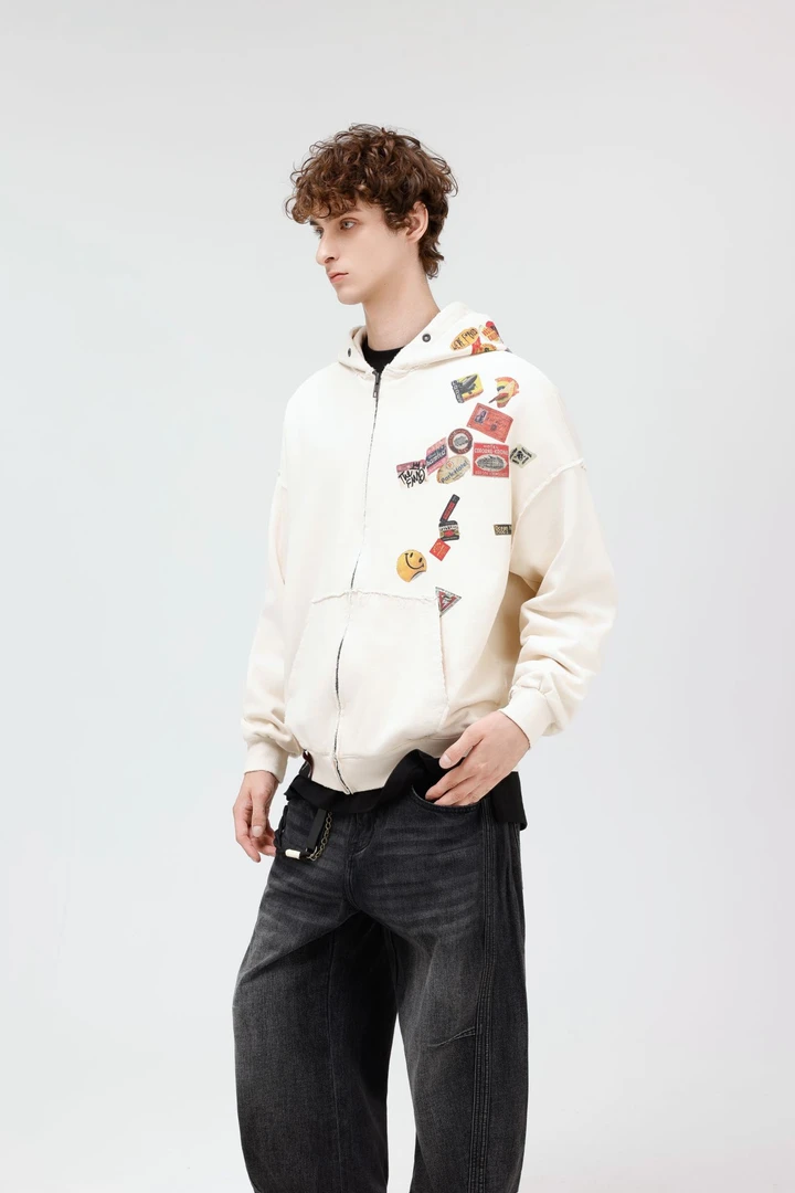 美式重磅水洗做旧连帽开衫卫衣