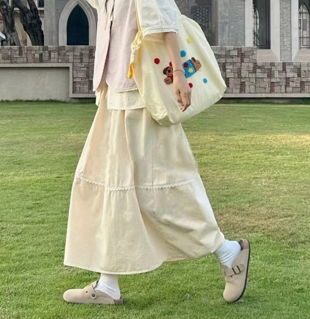 1878 新款文艺设计感 花边拼接高腰半身裙 伞裙遮肉长裙