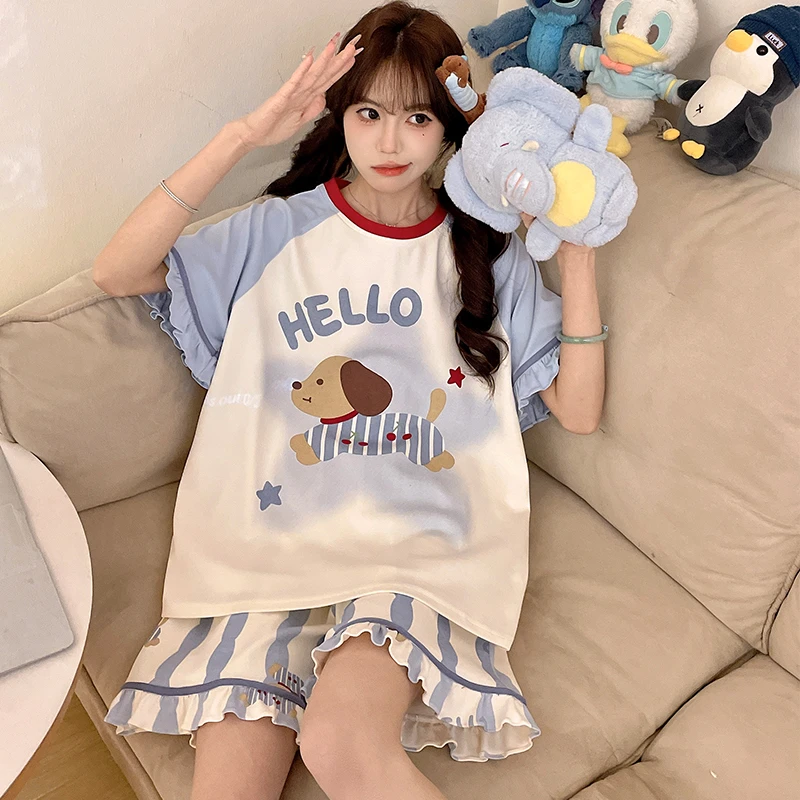 纯棉睡衣女夏季短袖薄款可爱卡通学生加大码可外穿家居服夏天套装