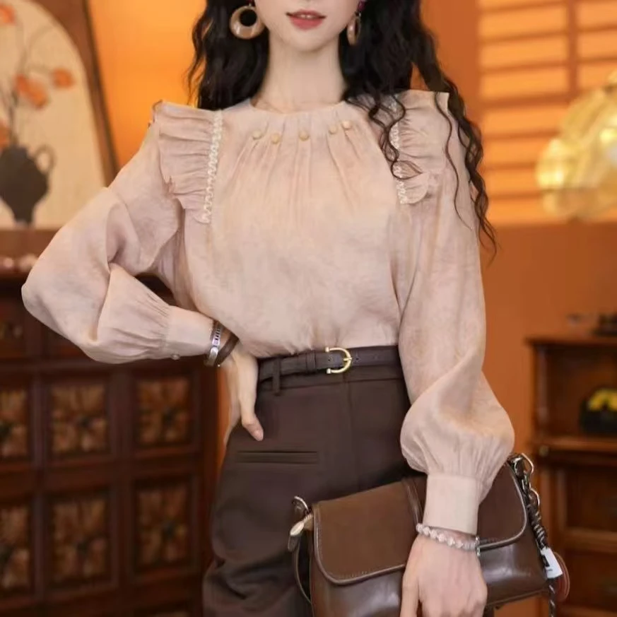 荷叶边长袖衬衫女2025早秋设计感钉珠褶皱衬衣宫廷风复古气质上衣