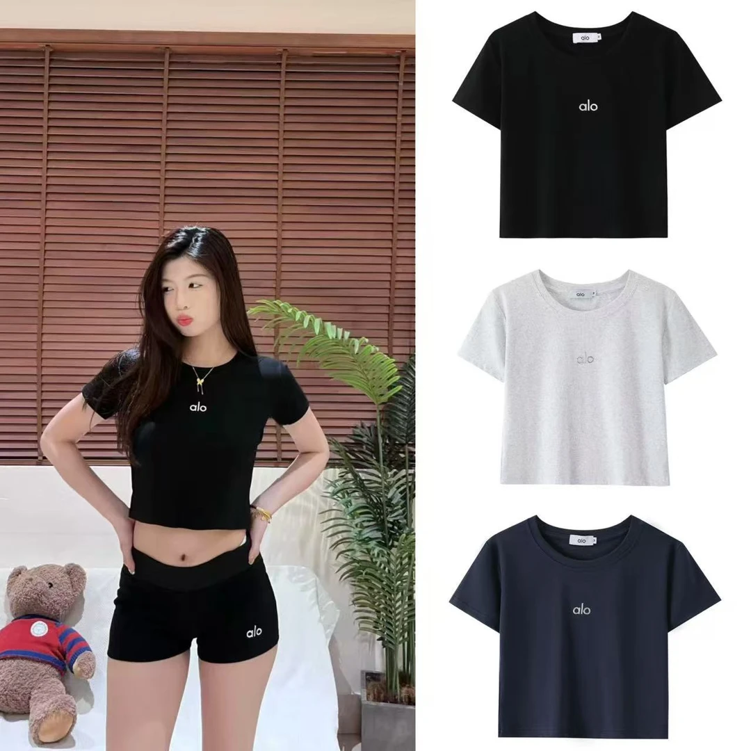 25年ALO夏季字母印花烫银标弹力短款辣妹t恤运动休闲百搭女上衣