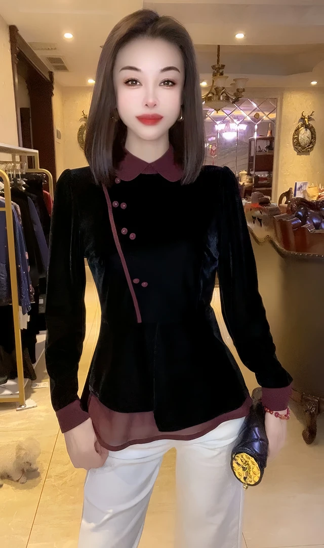 撞色丝绒上衣女2025秋季新款时尚复古修身显瘦拼接气质长袖打底衫