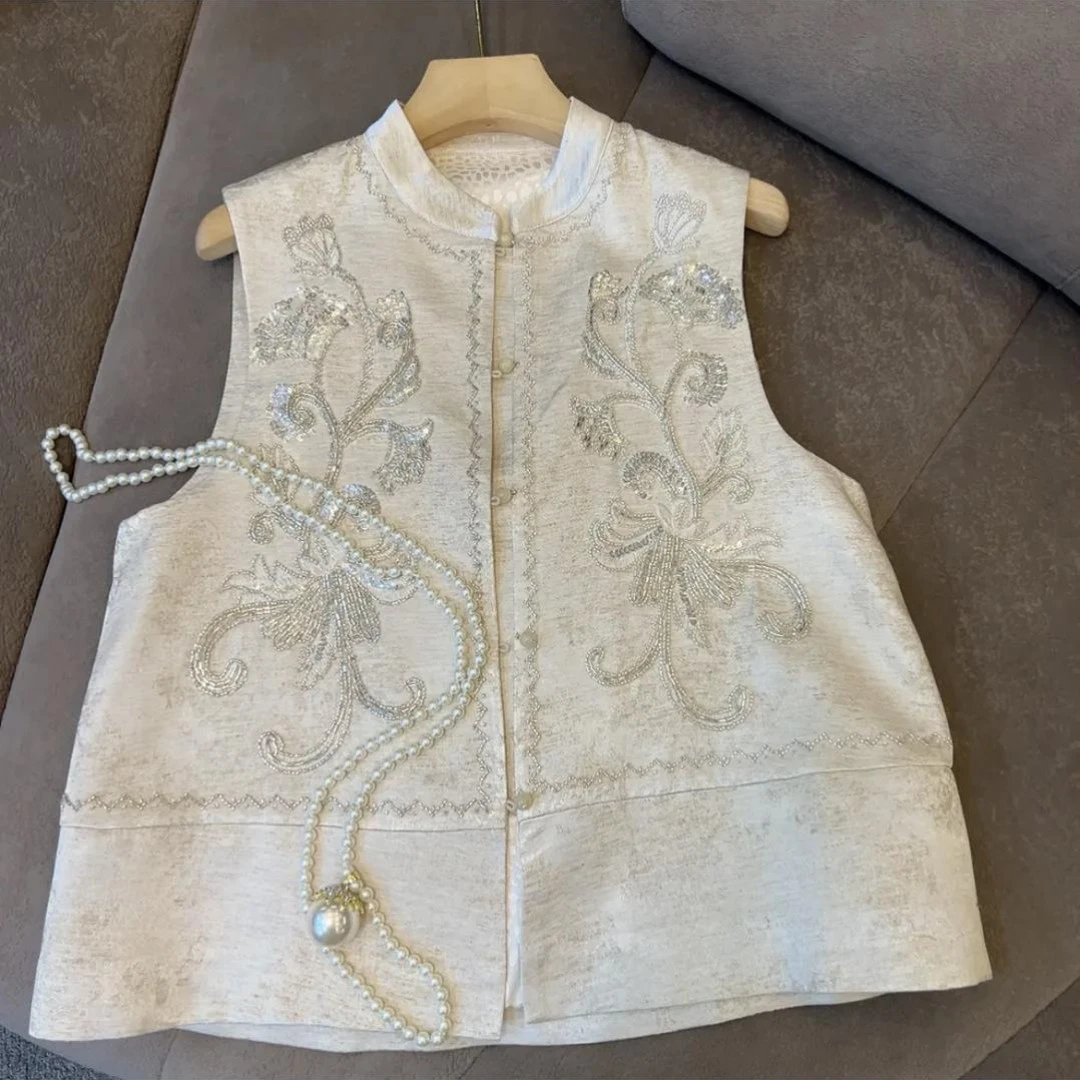 【风雅】新中式国风春季新款重工亮片穿珠立领马甲复古文艺清新马夹