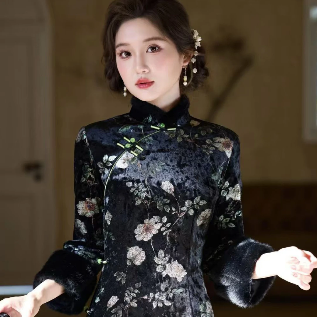 Zl-cq 长袖烫金包袖旗袍日常冬季ins新中式加厚复古长裙