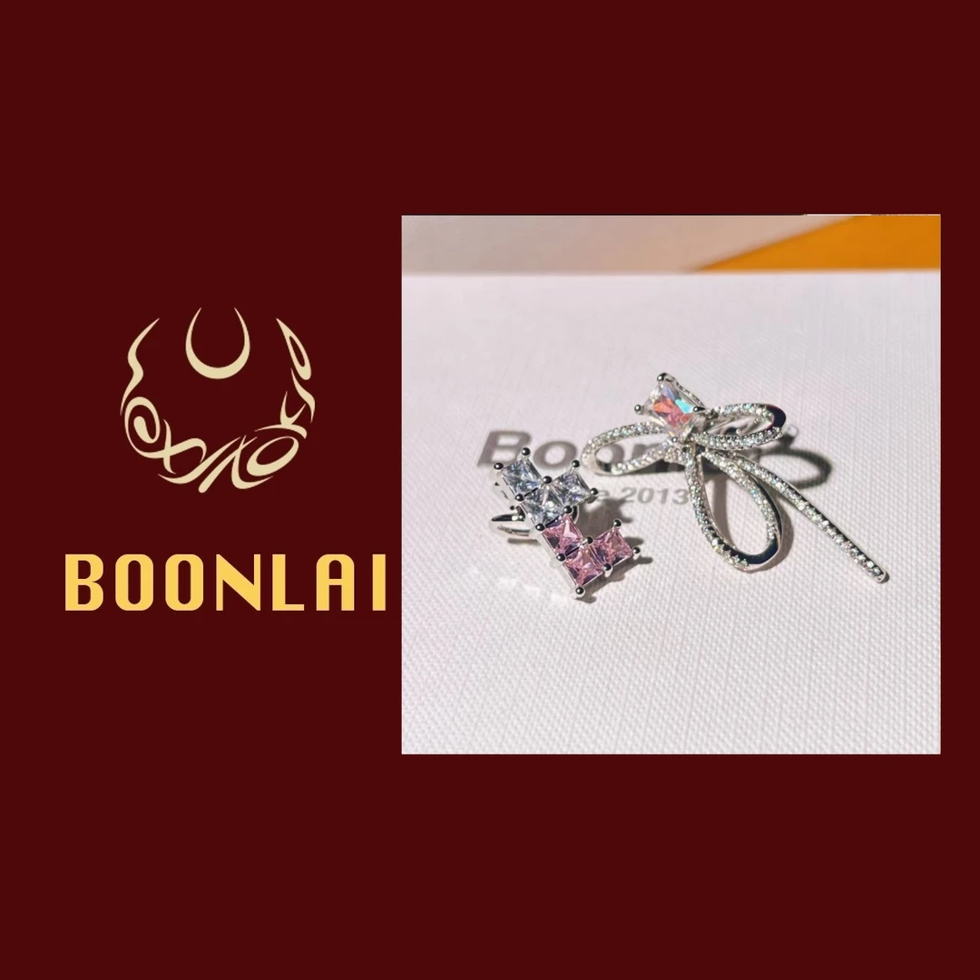 铜合金锆石耳饰 Boonlai 蝴蝶结双爱心耳扣1334