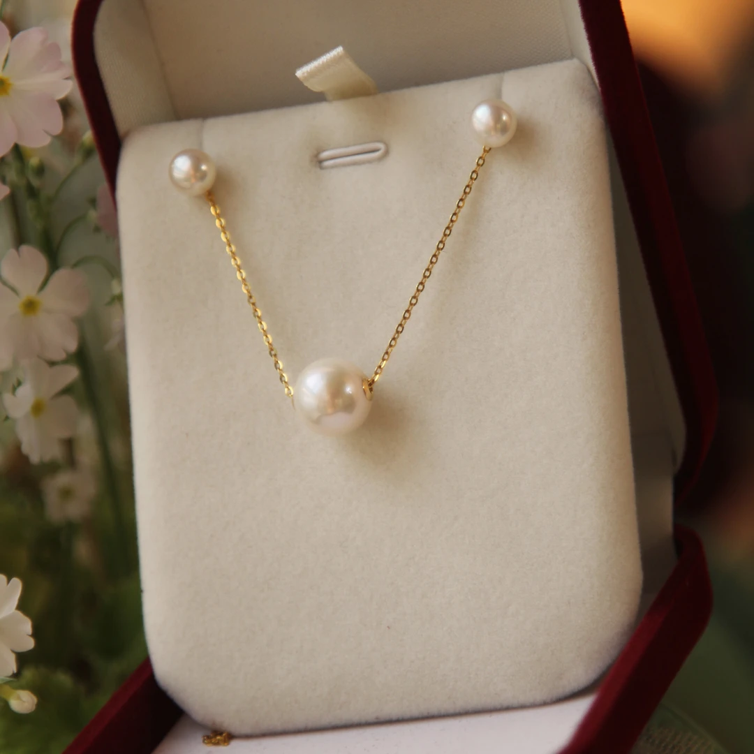 T【青花瓷】天然淡水路路通珍珠吊坠18K金贴片10mm赠银链+5-6mm耳钉