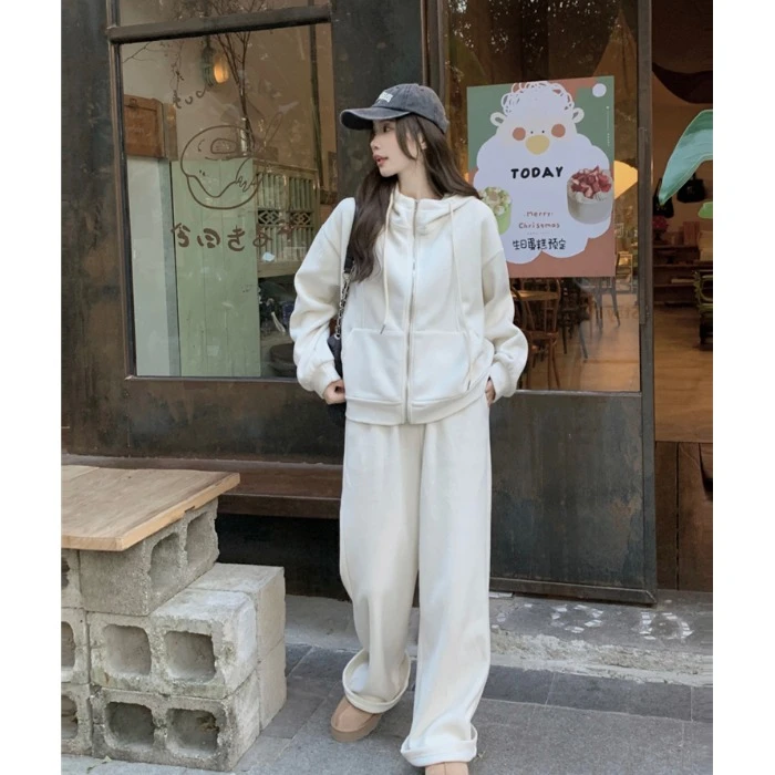 松驰感休闲运动连帽拉链长袖卫衣阔腿休闲裤女2025秋冬时尚套装潮