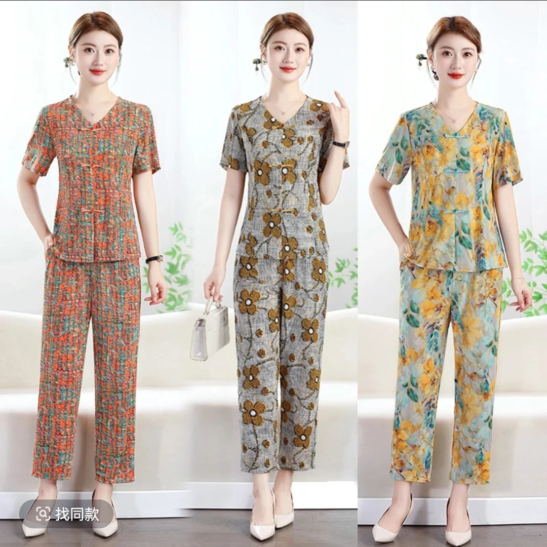 中老年女装夏季洋气显瘦新款套装时尚印花短袖上衣裤子妈妈两件套