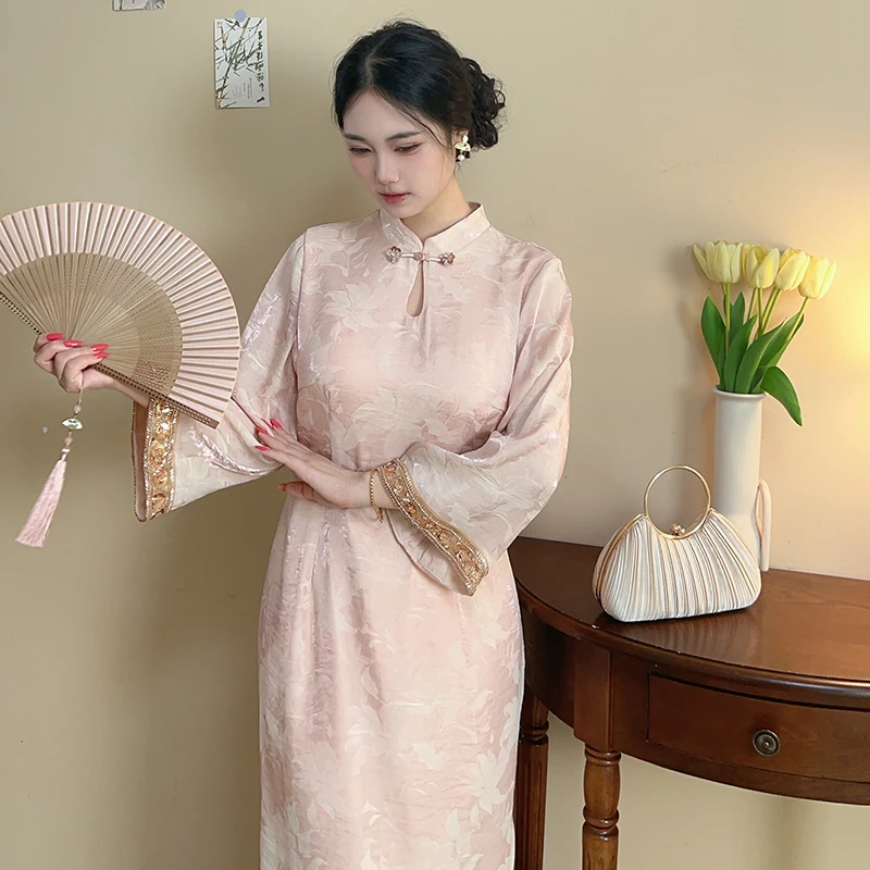 甜茶【自制款】新中式珠光提花新中式改良版旗袍大码胖mm温柔少女