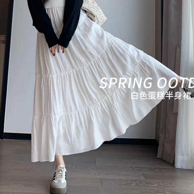 【两个裙长】桃花皱半身裙女2025新款高腰温柔风仙女A字蛋糕长裙子