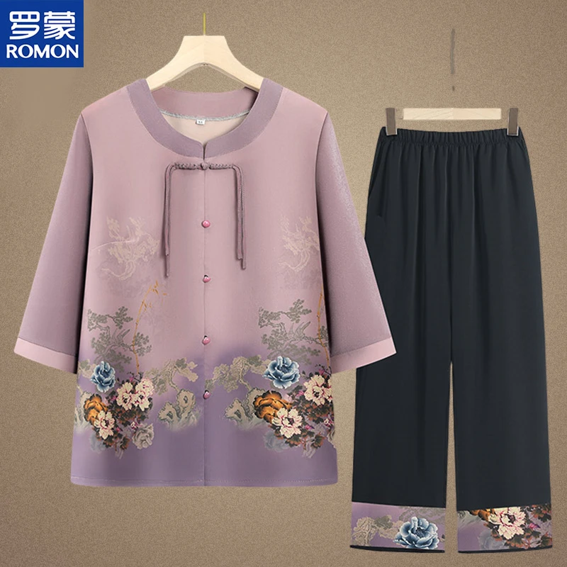 Romon/罗蒙老年人女装奶奶休闲两件套老太太婆婆衬衣妈妈夏装套装