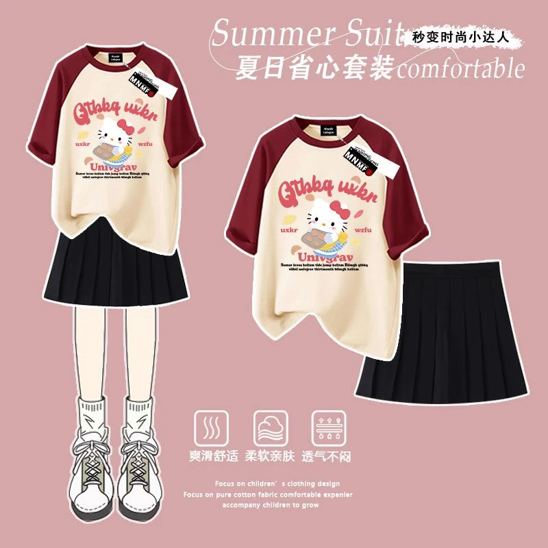 女童哈喽kitty猫印花纯棉t恤短袖短裙套装2025夏季时尚洋气中大童