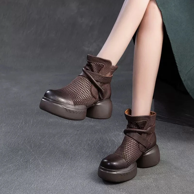 真皮女鞋春夏季新款圆头牛皮镂空高帮时尚凉鞋民族风凉靴