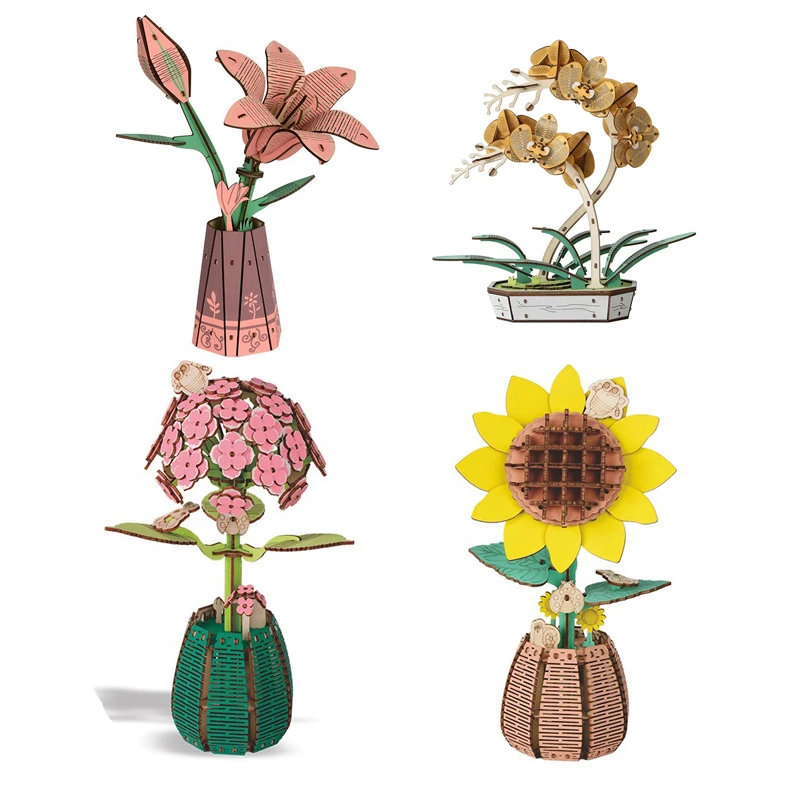 木艺繁花立体拼图 手工DIY儿童益智玩具拼装模型摆件绣花球百合花