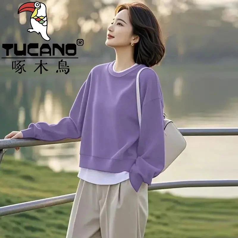 啄木鸟纯棉假两件套头卫衣女秋冬新款宽松小个子洋气减龄百搭上衣