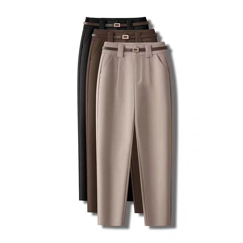 毛呢裤女新款慵懒风内里磨毛高腰显瘦哈伦裤小个子休闲烟管裤