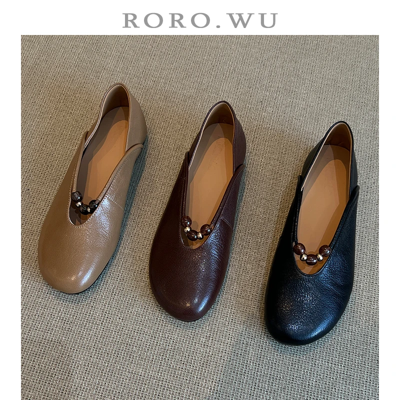 娆娆吴·头层羊皮精致浅口气质珠串轻奢百搭日常一脚蹬单鞋D891