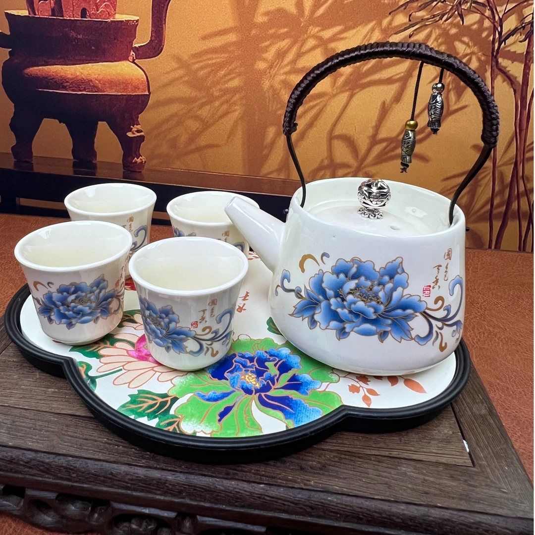 伊米-牡丹提梁一壶四杯+牡丹茶盘 ZH2632