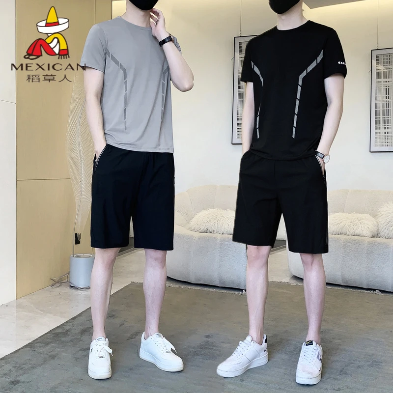 稻草人冰丝速干套装男夏季2025新款休闲跑步短袖短裤运动两件套