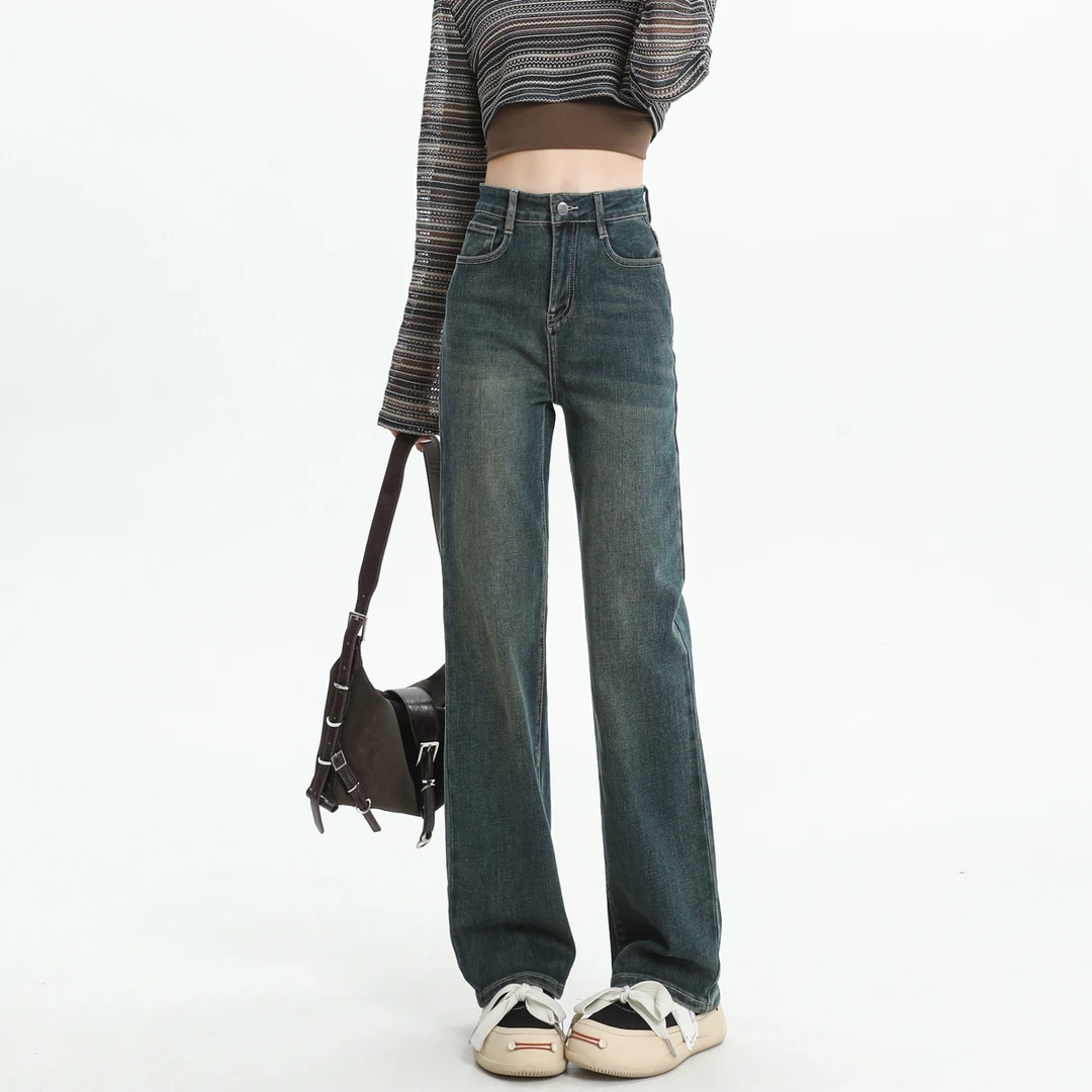 直筒加绒牛仔裤女2025秋冬新款高腰复古小个子显瘦窄版阔腿裤子女