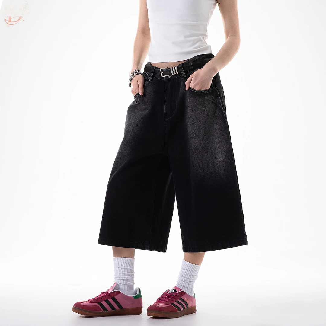 DIIIVERGOM夏季水洗垂感直筒短裤女美式复古休闲百搭七分牛仔裤