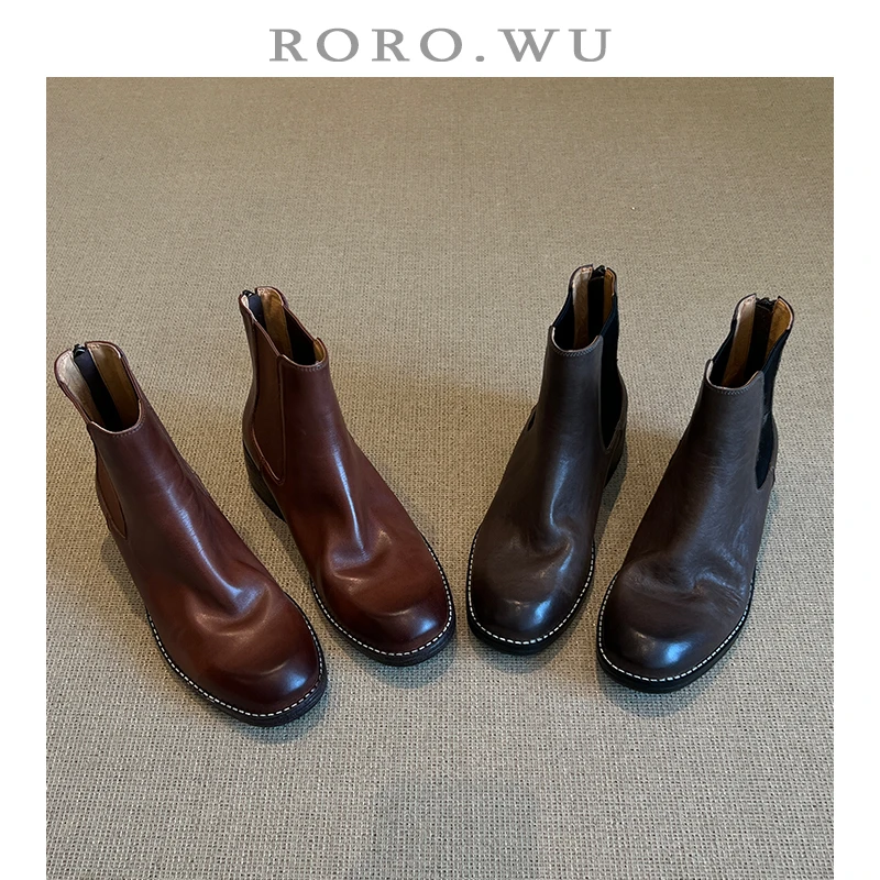 娆娆吴·头层牛皮中性风酷潮简约复古短靴静音底秋冬切尔西靴X376