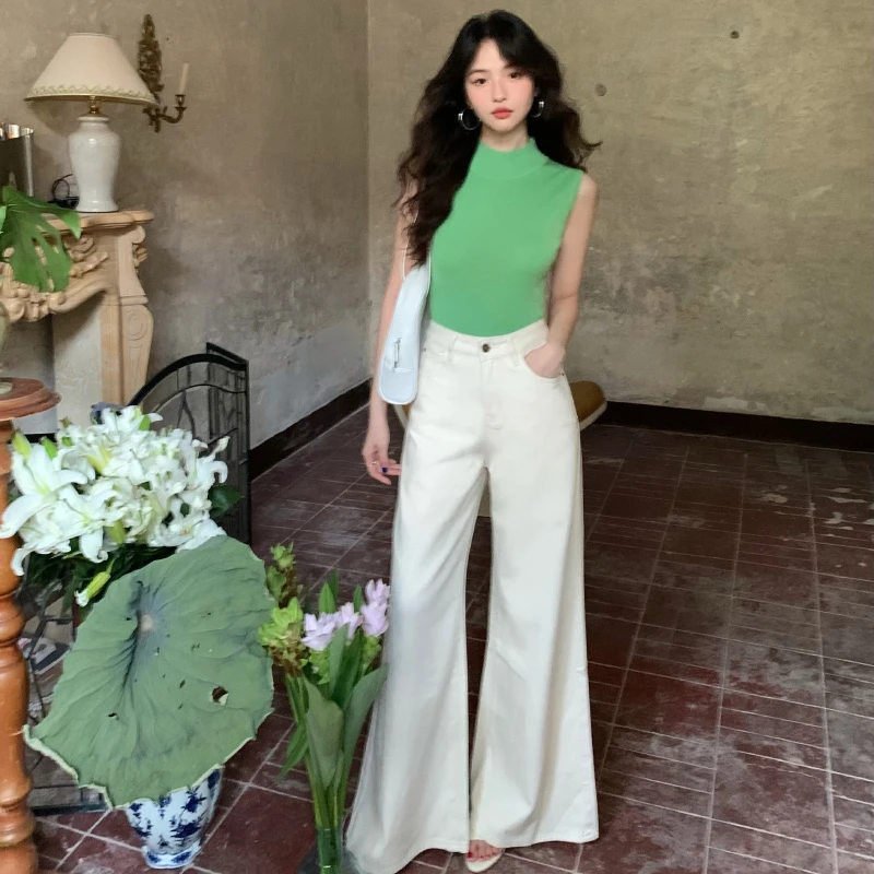 酒午【溪沐】港风复古秋季高腰修身阔腿裤微喇拖地裤牛仔裤KLF3784